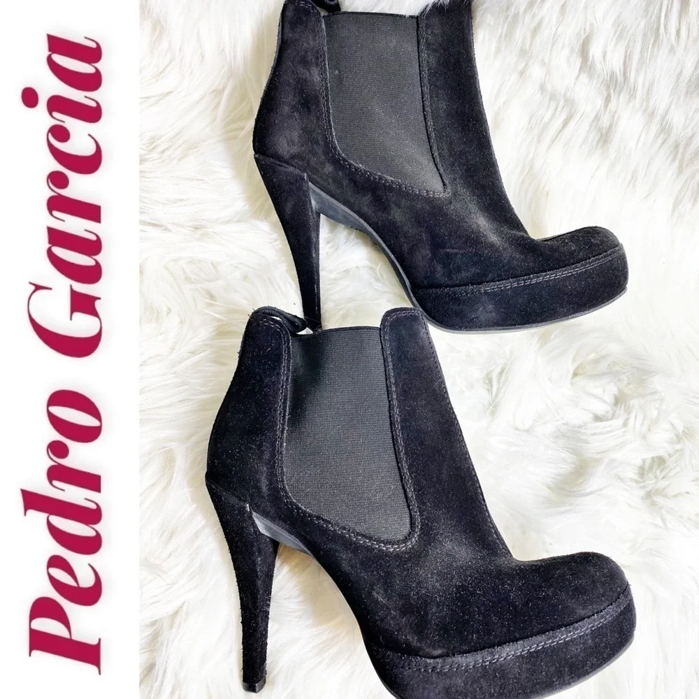 PEDRO GARCIA SUEDE LEATHER‎ PLATFORM CHELSEA BOOTIE STILETTO BLACK, Size 40